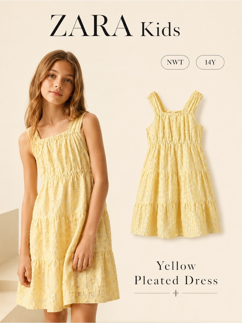 Zara Kids Yellow Pleated Tiered Midi Dress NWT 13-14Y